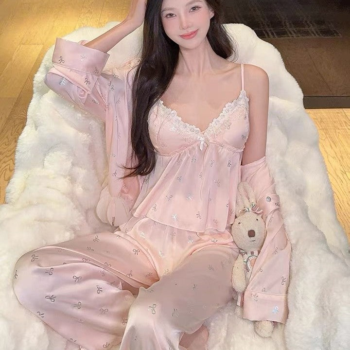 Pajamas for Women 2026 New Spring, Autumn and Summer Suspender-Style Ice Silk with Silver Bow, Padded Chest, Lace Homewear Set