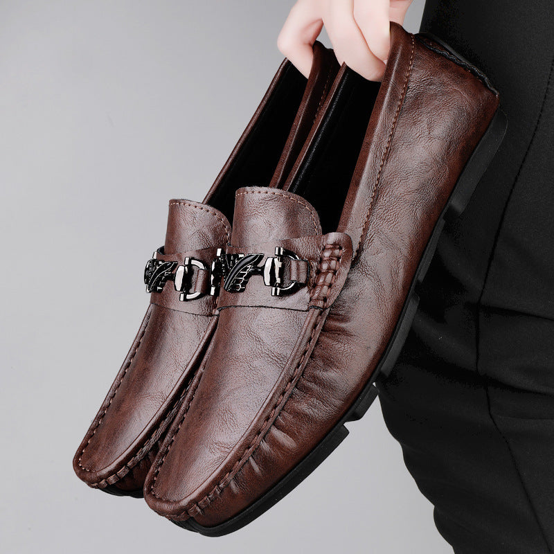 Loafers, Spring and Summer Men's Shoes, Genuine Leather Flats-Soled Shoes, Casual Shoes, Comfortable Lazy Driving Shoes, One-Leg Driver's Shoes