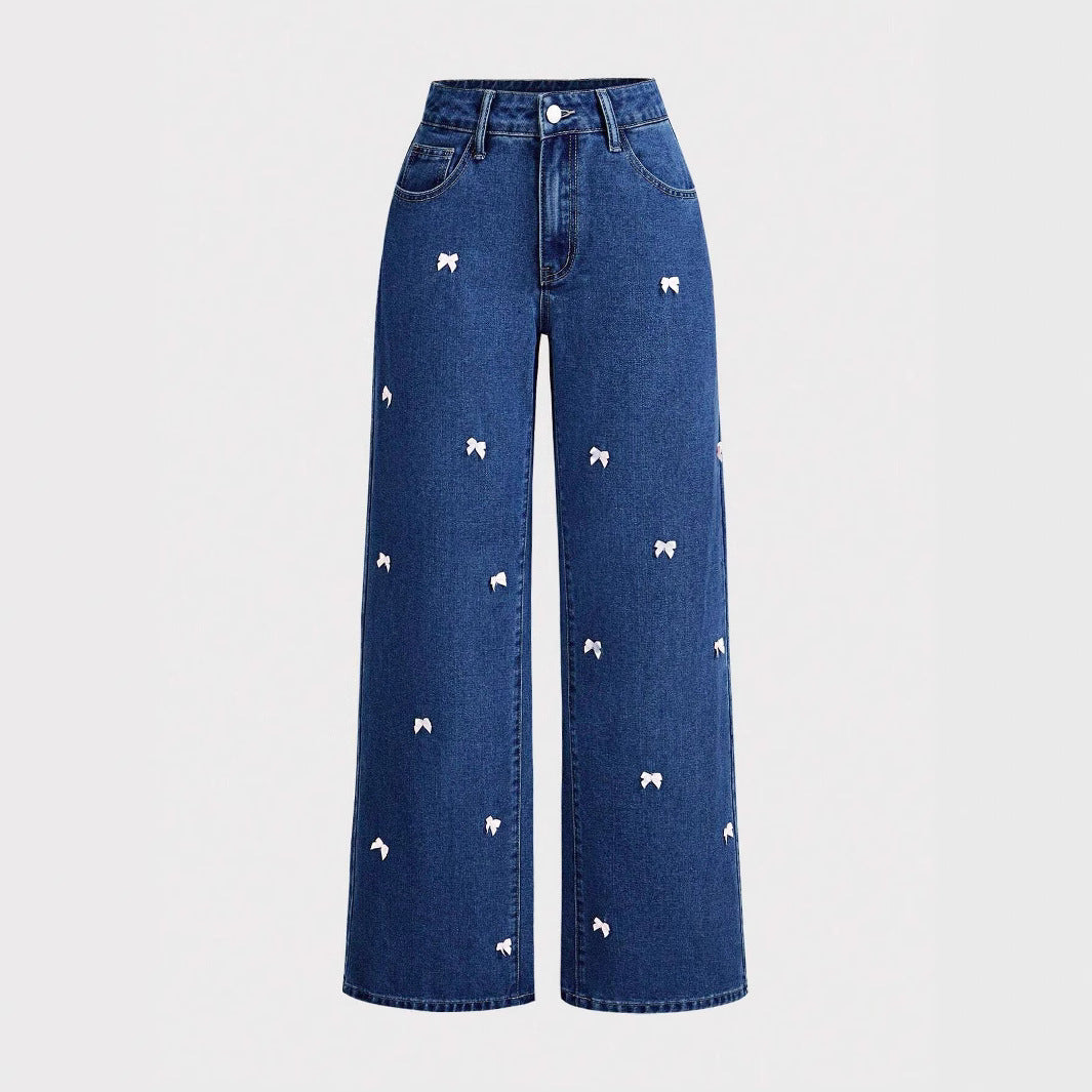 American High Street Y2K Jeans for Women 2025 New High-Waisted Washed Bow-Knot Casual Versatile Wide-Leg Pants Jeans