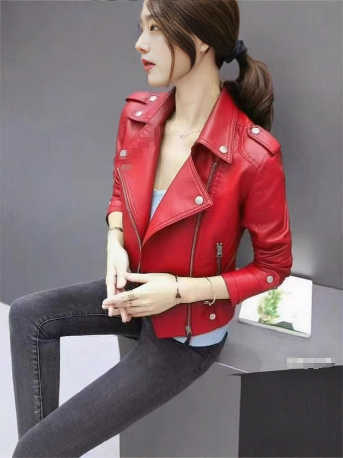 2025 Women's Leather Jacket Autumn Korean Style Slim Fit Motorcycle Pu Leather Casual Versatile Jacket