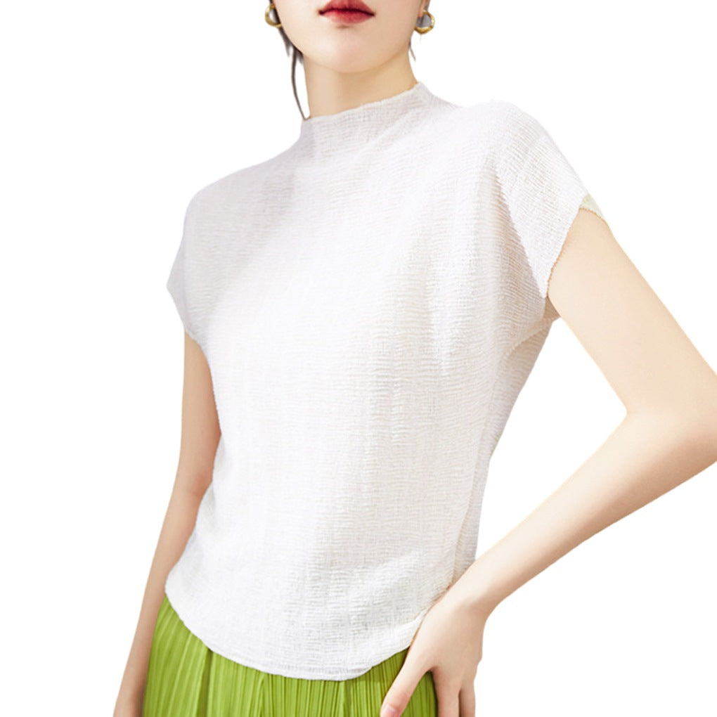 Short-sleeved T-shirt Women's Summer New Clothes All-match High-grade Western-style Small Shirt Unique Chic Pleated Top Thin Women