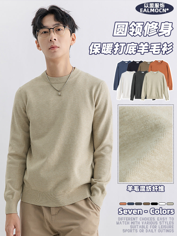 Yimeng Men's Winter Wool Sweater Round Neck Long Sleeve Knitted Sweater Versatile Warm Sweater Base Shirt for Men