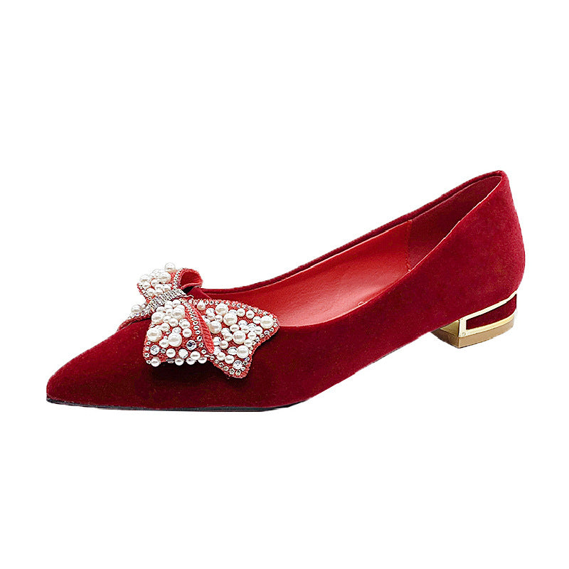 Red Wedding Shoes Women's 2022 New Pearl Bow High Heels Pointed Thick Heel Shoes Xiuhe Shoes Spot Hair