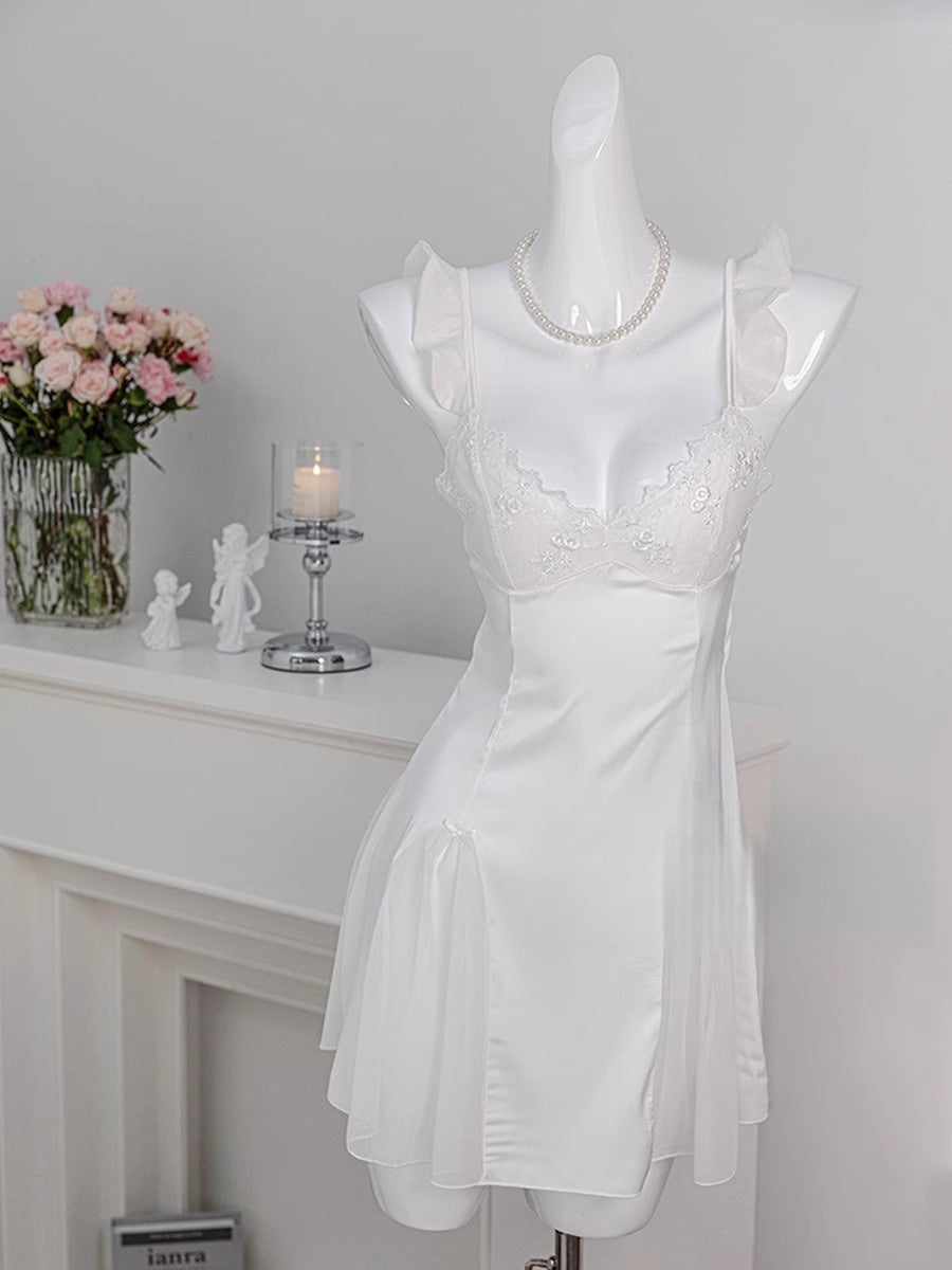 Sexy Women's Nightgown with Straps and Chest Pads, New Lace Summer Ice Silk Nightdress, Home Wear Set with a High-End Feel