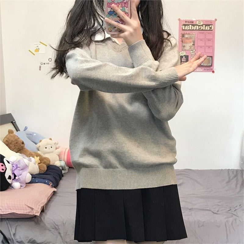 Sweater College Japanese Style JK Uniform Autumn and Winter New School Style All-match Pullover Knitted Long-sleeved Stacked Top for Women
