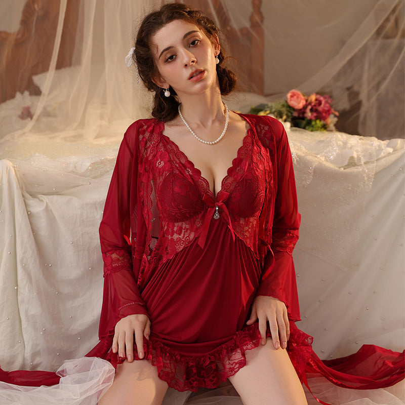 Sexy Pajamas, Temptation, Pure Desire, Push-Up Nightgown with Breast Pads, Temptation, Plus Size Fat mm Sexy Intimates, Passion Suit