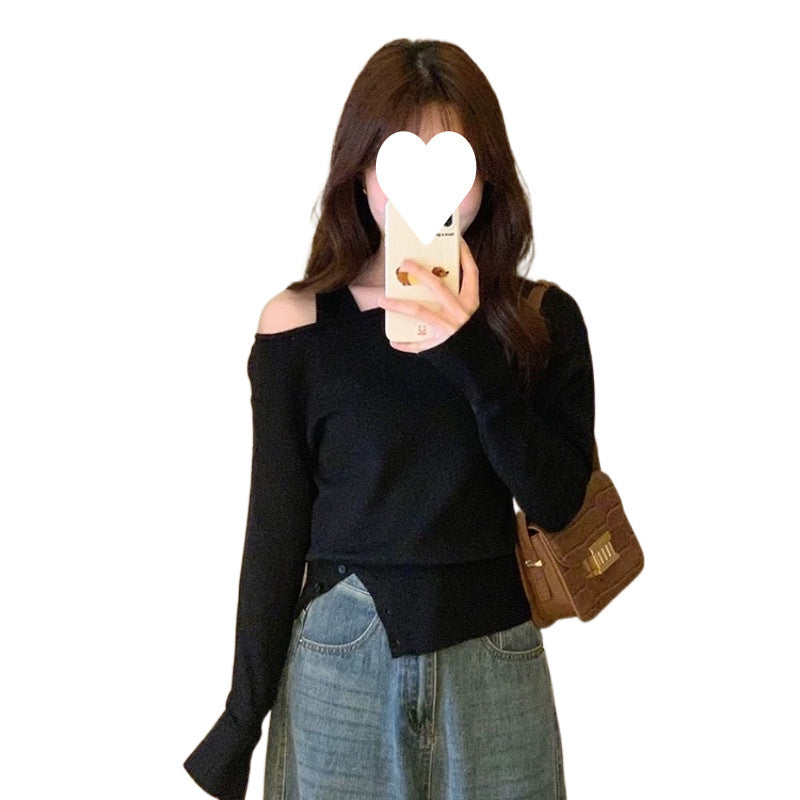 Open Shoulder Irregular Base Shirt Sweater Women's Autumn and Winter Outer Split Knit Anker Thunder Wear Chic Top