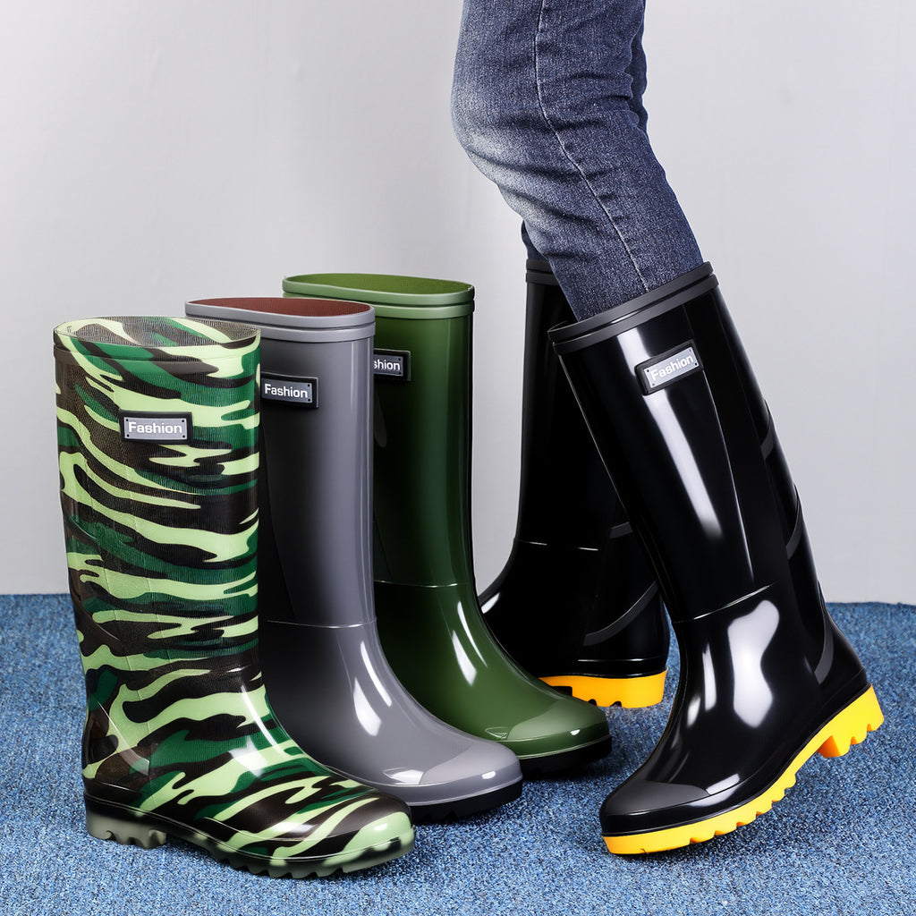 Men's Gray Plain Rain Boots, Labor Protection Boots, High Rain Boots, Protective Long-Tube Men's Water Shoes, Outdoor Camouflage Water Boots, Rubber Boots