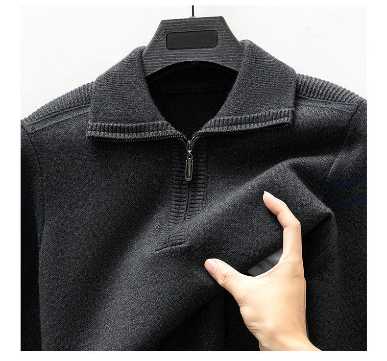 Half-Zip Knit Sweater for Men, Autumn and Winter Style, Men's Sweater for Middle-Aged Dads, Long-Sleeve Pullover, Solid Color Base Layer