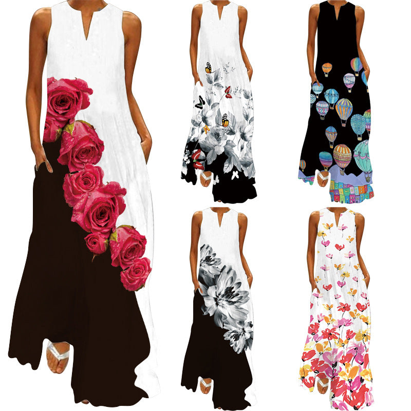New Summer Women's Sleeveless Long Dress V-Neck Floral Print Dress European and American Cross-Border Foreign Trade Women's Clothing