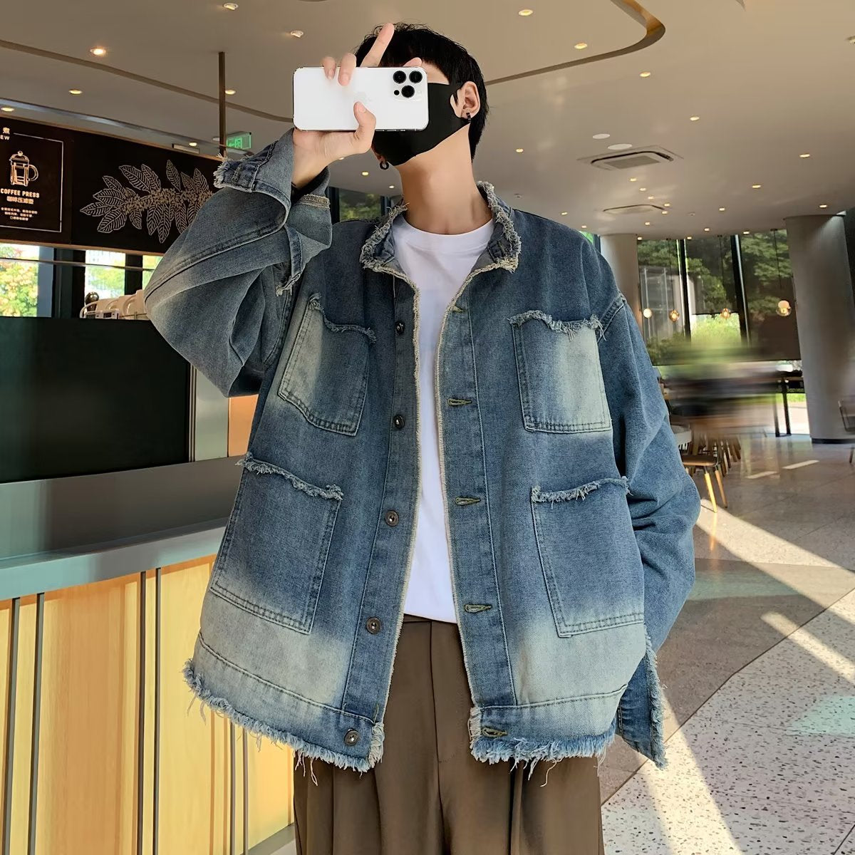 [In Stock running volume] Retro gradient Denim coat men's and women's loose American high street casual workwear jacket