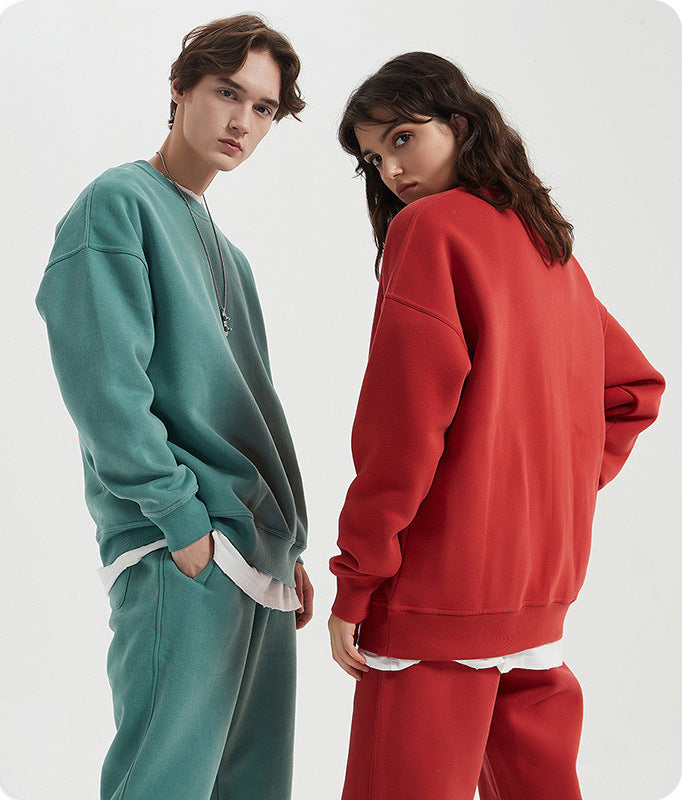 2023 autumn new round neck sweater fashion brand solid color pullover men's sweater loose fleece-lined men's couple sweater
