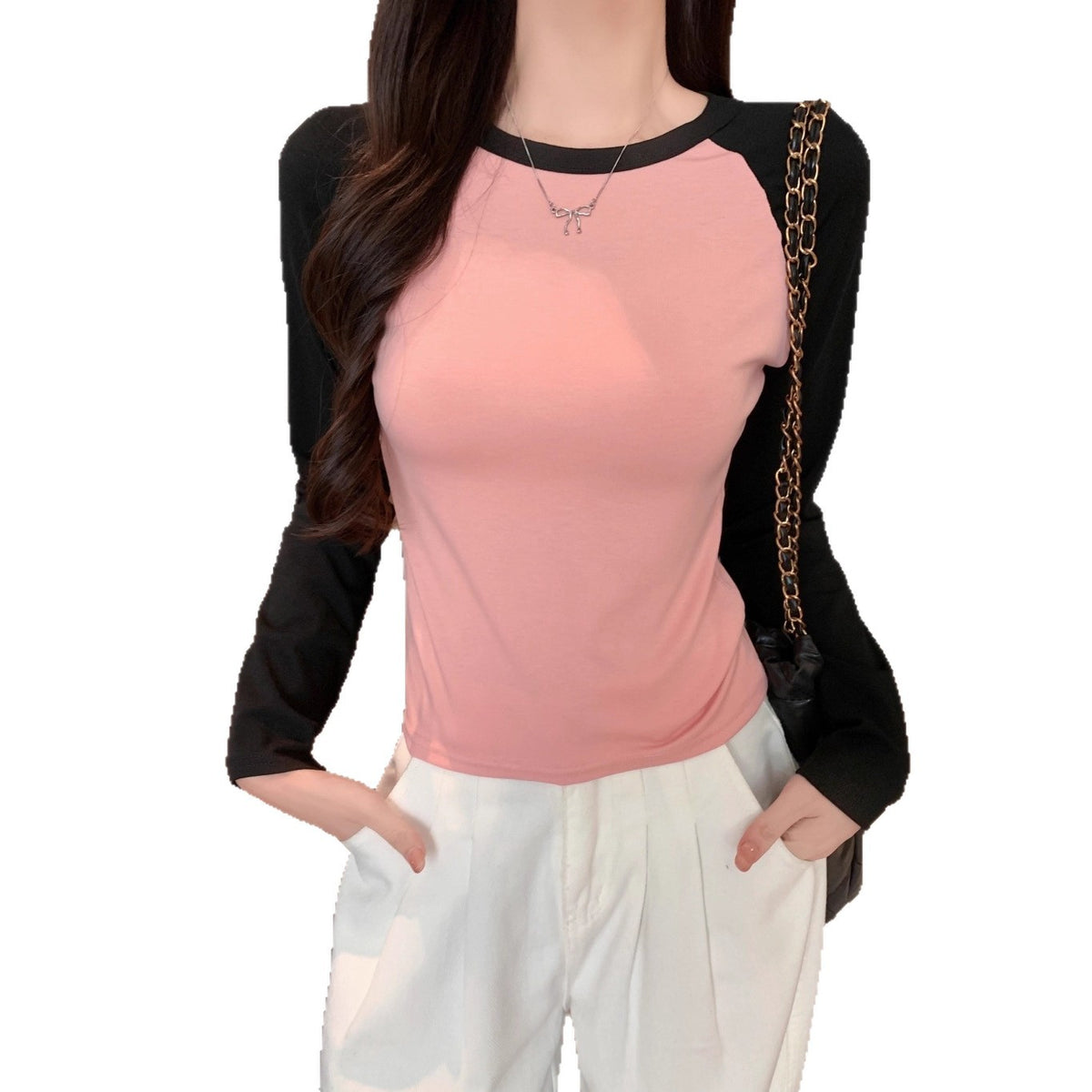 Autumn New Long-Sleeved T-Shirt for Women, Contrasting Raglan Sleeves, Slim Round Neck, Short T-Shirt, Customized Group Clothing, Women's Tops