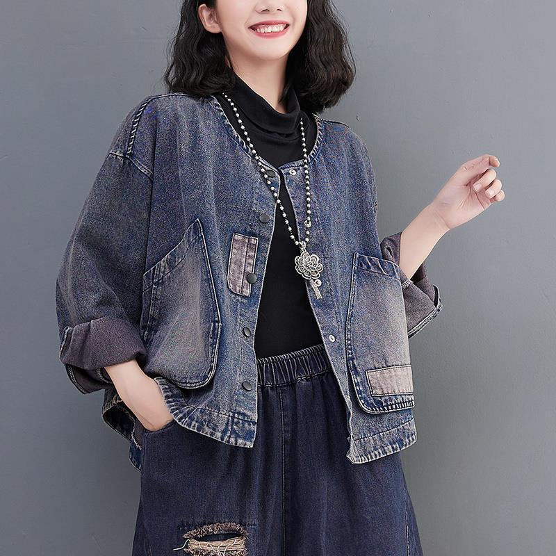Denim Jacket for Women 2026 Autumn and Winter New Style Long-Sleeved Dark Retro Loose Short Casual Patchwork Women's Clothing