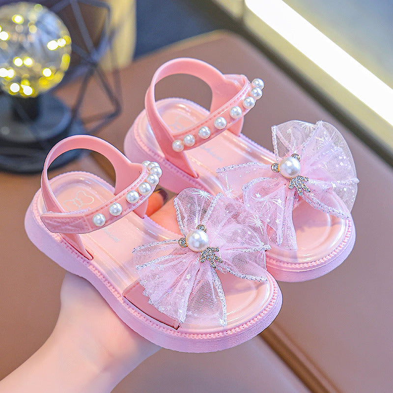 Girls' Sandals New Summer 2024 Children's Soft Sole Velcro Princess Shoes Bow Small Middle and Large Children's Girls Summer