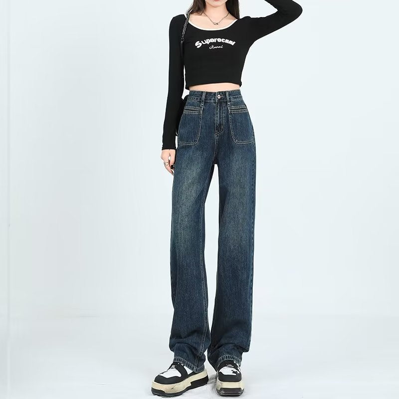 American Retro Wide-leg Jeans for Women Spring & Fall 2024 New Style Small High-waist Slim Loose Straight-leg Floor-length Pants