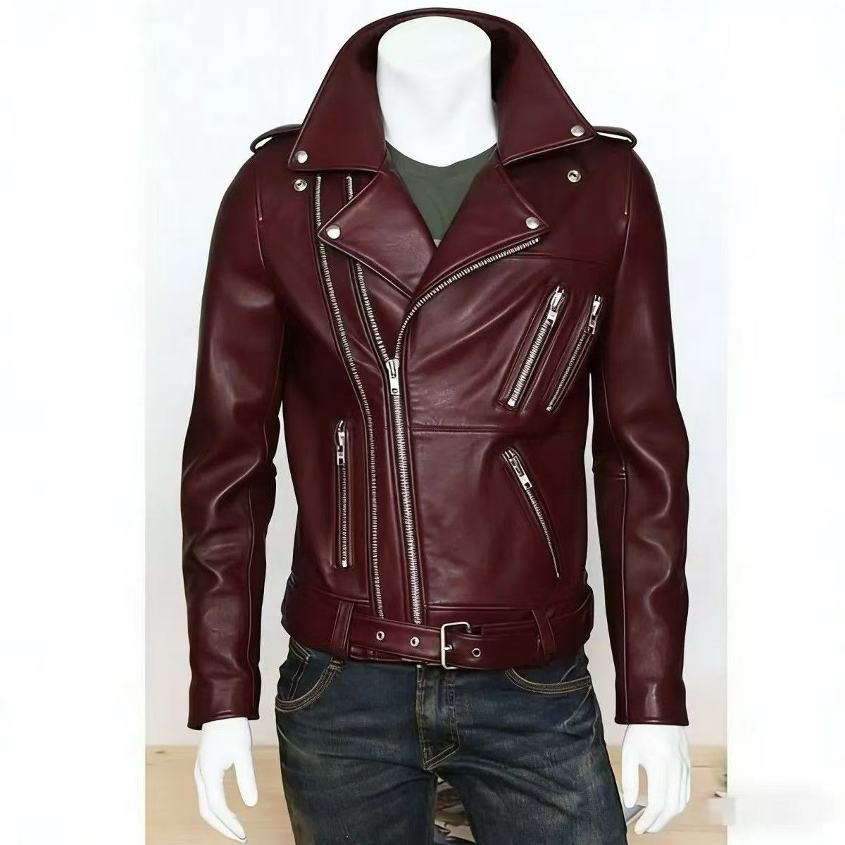 Autumn and Winter Leather Men's New Leather Jacket Coat Men's Korean Style Vertical Collar Slim Fit PU Leather Top Trendy Men's Coat