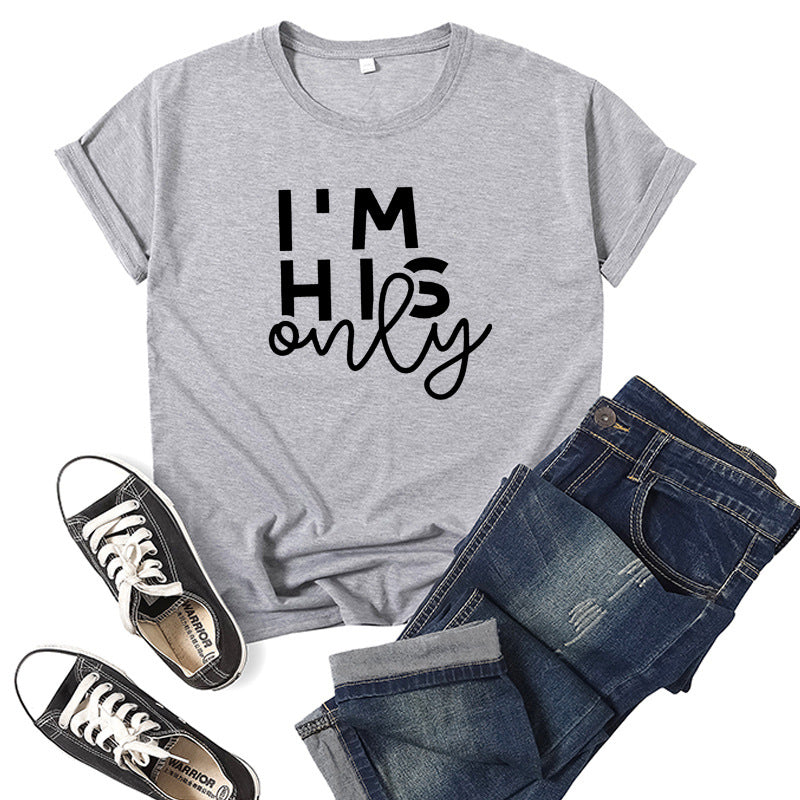 in stock Foreign Trade Cross-border I 'M HER ONE Couple Valentine's Day Printed Short-sleeved Crewneck T-shirt European and American Men and Women