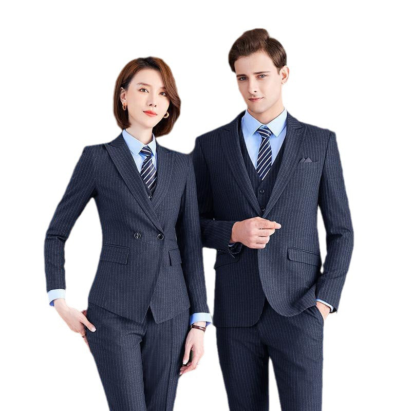 High-end gray striped suit suit men's and women's same style spring and autumn business attire temperament formal attire hotel manager work clothes