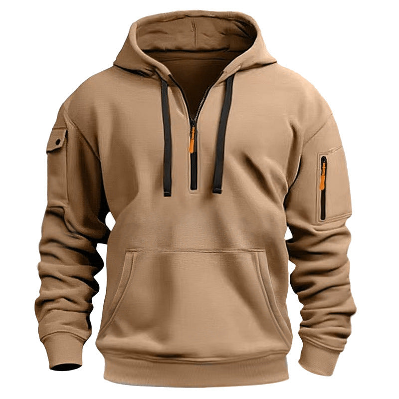 Casual Pullover Sweatshirt with Multiple Zipper Arm Pockets for Autumn and Winter, Large Size, Fleece-Lined Hoodie for Men