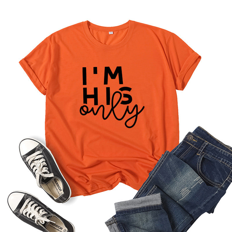 in stock Foreign Trade Cross-border I 'M HER ONE Couple Valentine's Day Printed Short-sleeved Crewneck T-shirt European and American Men and Women