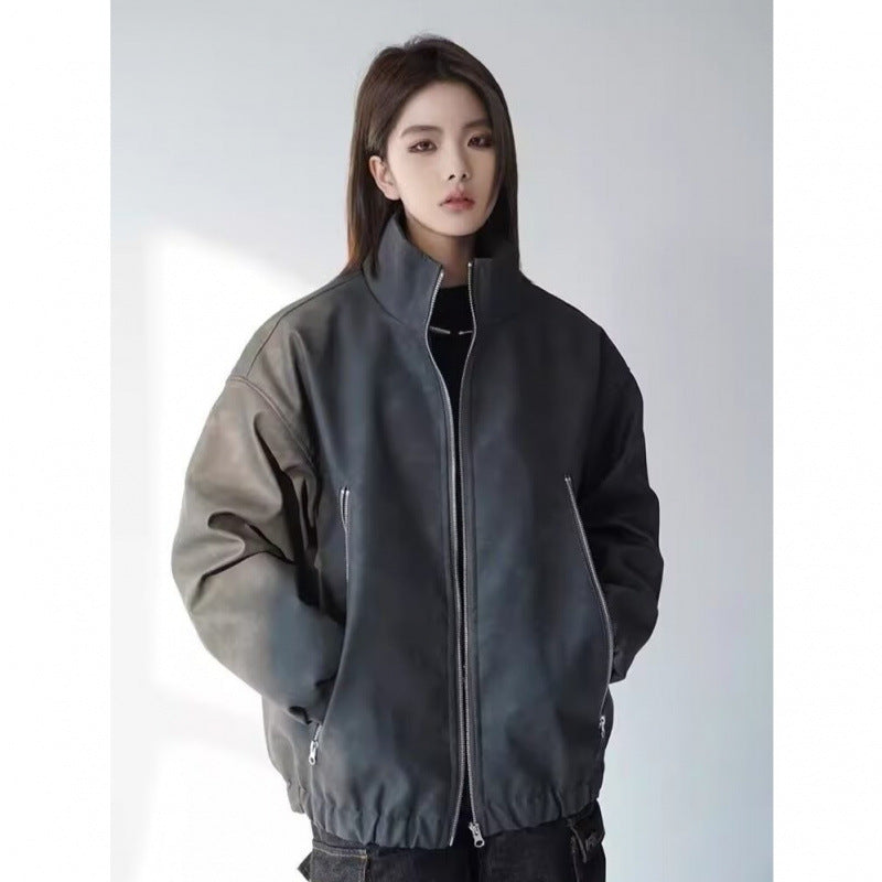 Men's and women's American style retro distressed PU leather cotton-padded jacket women's 2024 new winter cotton padded coat