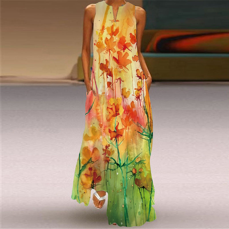 New Summer Women's Sleeveless Long Dress V-Neck Floral Print Dress European and American Cross-Border Foreign Trade Women's Clothing