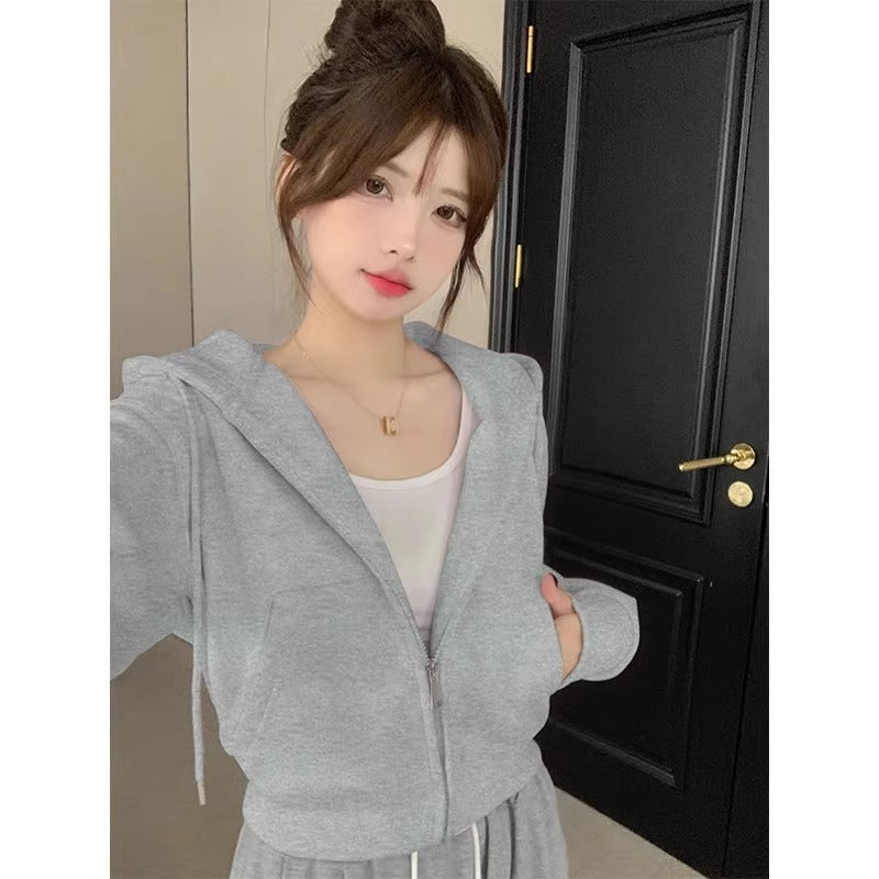 Early Spring Short Hooded Sweatshirt Jacket for Petite Women, Spring Outfit 2026 New Style, Regular Shoulder Cardigan for Spring and Autumn