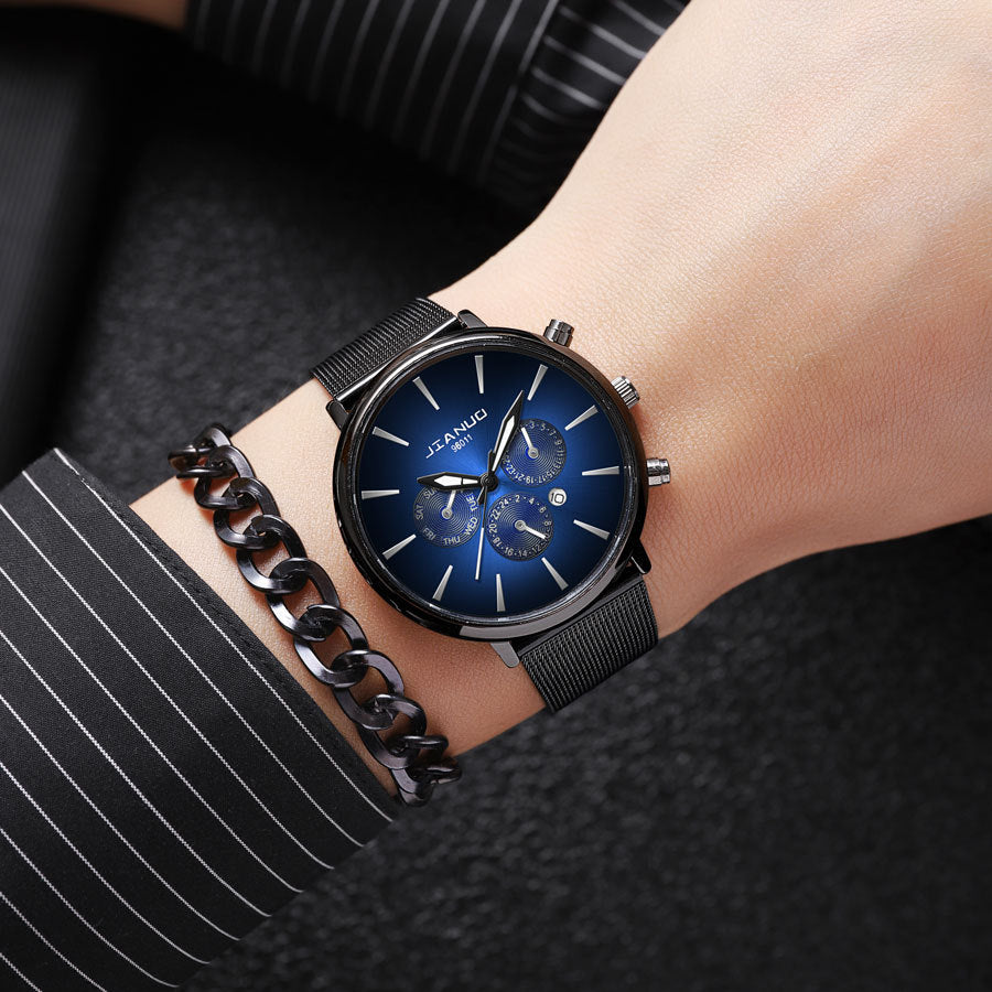 Korean Fashion Men's Mesh Band Watch Fashion Calendar Quartz Watch Business Casual Business Men's Cool Blue Watch