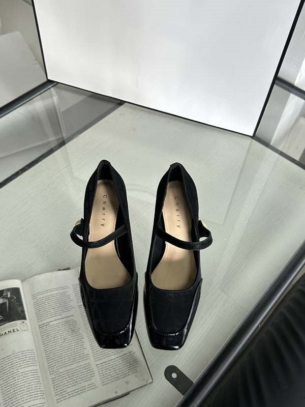 girls 2024 New Fashion High-Heeled Shoes, Chunky Heel Single Shoes, French-Style Magic Buckle, Square Toe, Pointed Toe, Mid-Heel, Fashionable and Versatile