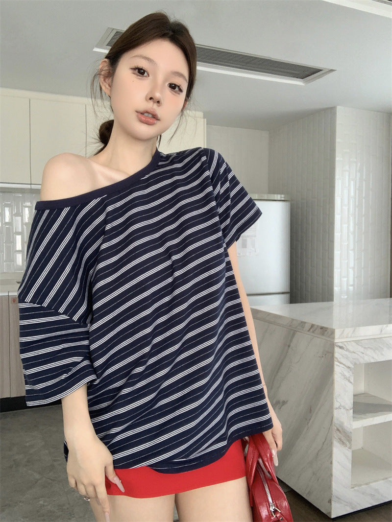 American Style Contrast Striped Off-Shoulder Short-Sleeve T-Shirt for Women, Summer New Ins Loose Slimming Versatile Pullover Top