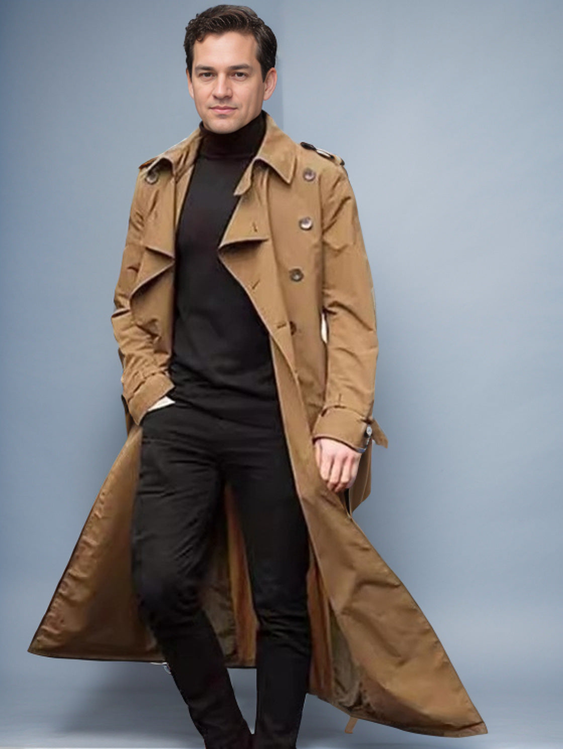 Cross-Border European and American Men's Spring and Autumn Long Double-Breasted Trench Coat Fashion Versatile Large Lapel Casual Jacket Cloak