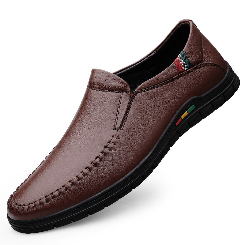 2025 Autumn Men's Slip-On Business Loafers Toe Layer Cowhide Soft Leather Plaid Work Black Leather Shoes