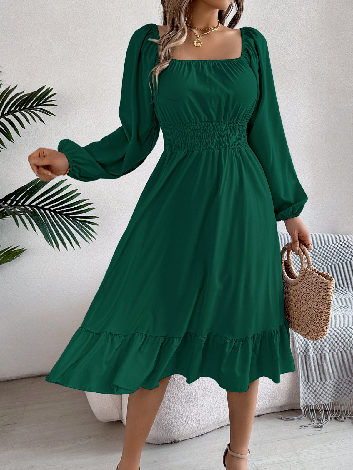 2026 Spring/Summer European and American Casual Solid Color Square Neck Long Sleeve Waist-Cinching Ruffle A-Line Dress Amazon Cross-Border Women's Clothing