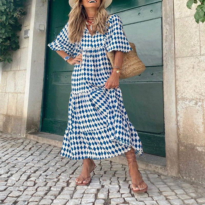 European and American Plus-Size Women's Loose-Fitting Bohemian Round-Neck Lantern-Sleeve Sweet Girl Dress Wholesale from Source Factory