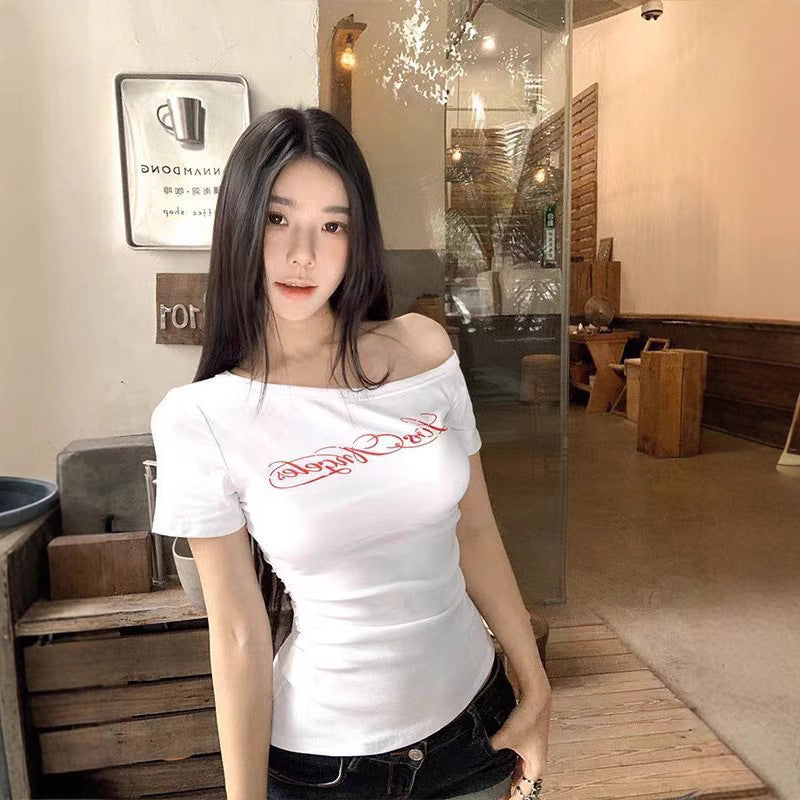 Hot Girl Style Letter Printed Slanted Shoulder Short-Sleeved T-Shirt for Women Summer New Slim Fit Versatile Chic Top