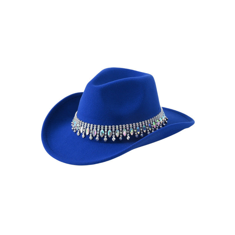 Men's and Women's European and American Elegant Hats, Unique Jazz Cowboy Hats, Tassels, Gemstones, Rhinestone Accessories, Belts, Wedding Engagement