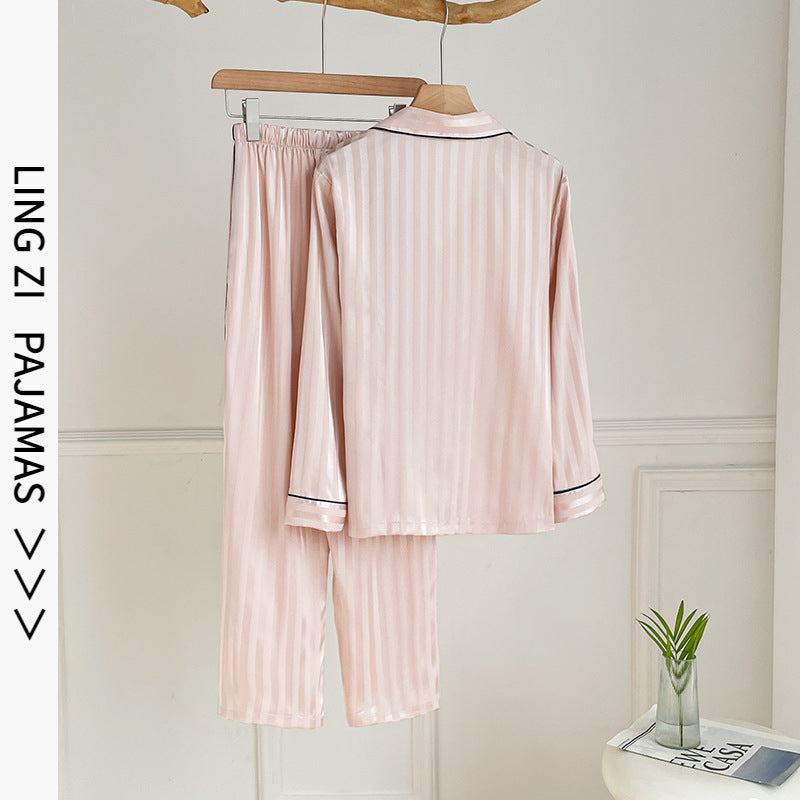 2525 New Summer Ice Silk Women's Pajamas V-Neck Thin Large V Printed Pants Long-Sleeved High-End Home Clothes