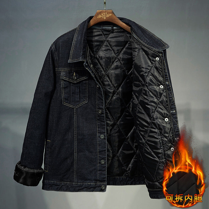 Fertilized Extra Large Elastic Loose Denim Coat fleece-lined Thickened plus size Men's Winter Jacket Warm Quilted Top