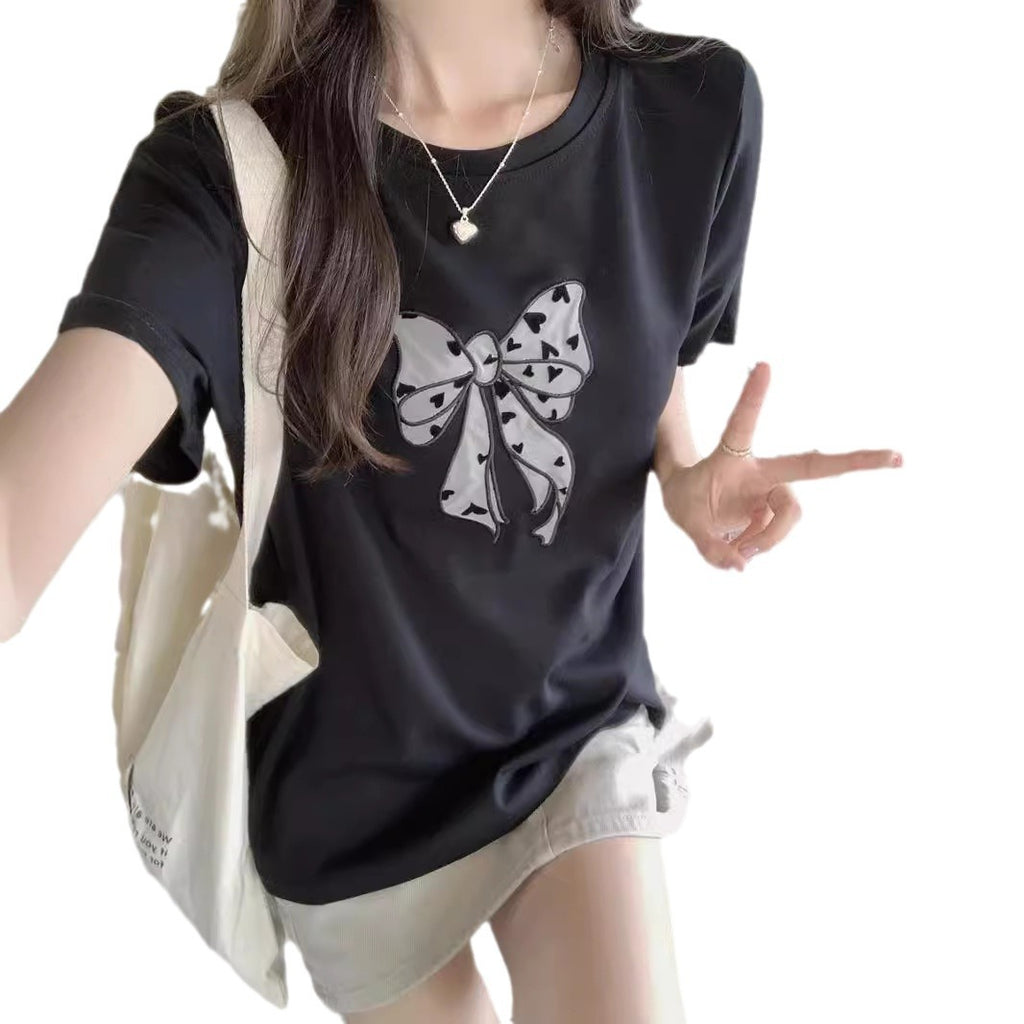 Age-Reducing Sweet Bow Patch Short-Sleeve T-Shirt for Women 2026 New Popular Style Loose Slimming Base Top Ins Trend