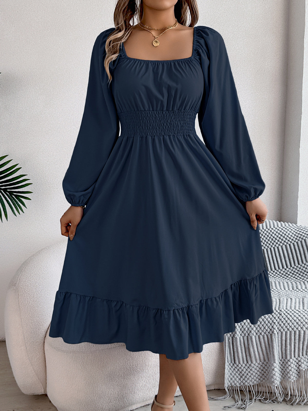 2026 Spring/Summer European and American Casual Solid Color Square Neck Long Sleeve Waist-Cinching Ruffle A-Line Dress Amazon Cross-Border Women's Clothing