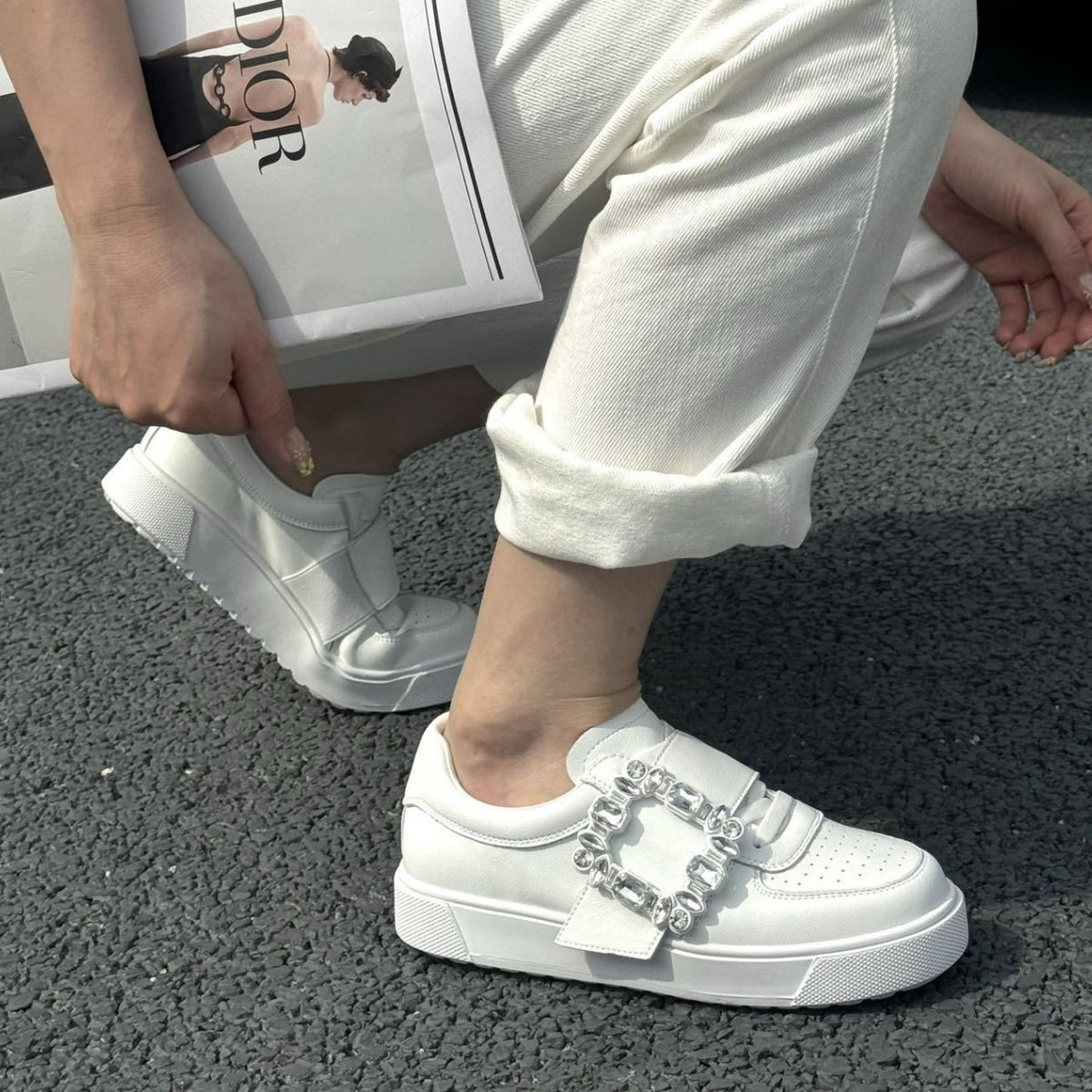 Genuine Leather Thick-Soled White Shoes for Women 2026 Spring and Autumn New Style Square Buckle Rhinestone Thick-Soled Height-Increasing Slip-On Soft-Soled Sneakers for Women