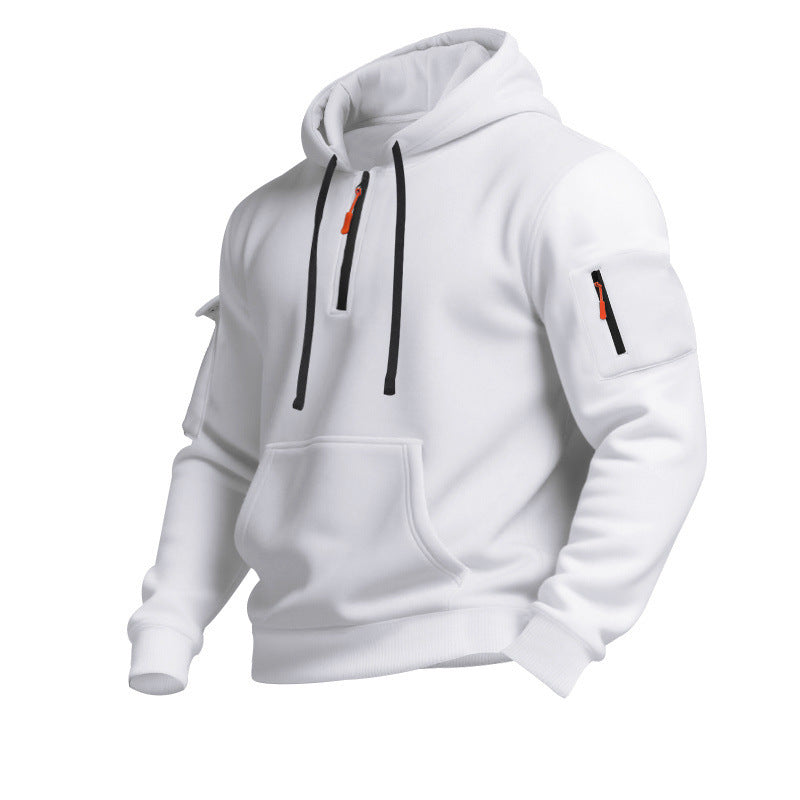 Casual Pullover Sweatshirt with Multiple Zipper Arm Pockets for Autumn and Winter, Large Size, Fleece-Lined Hoodie for Men