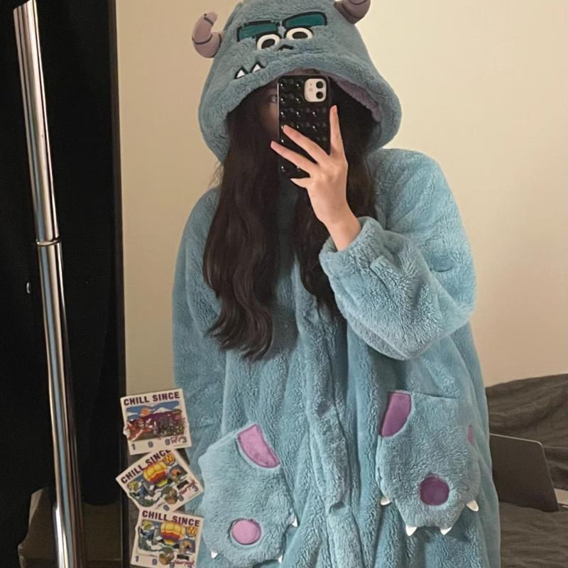 Little Monster Coral Velvet Pajamas Women's Autumn and Winter New Style Velvet Thickened Long Warm Pajamas Winter Outerwear Home Clothes