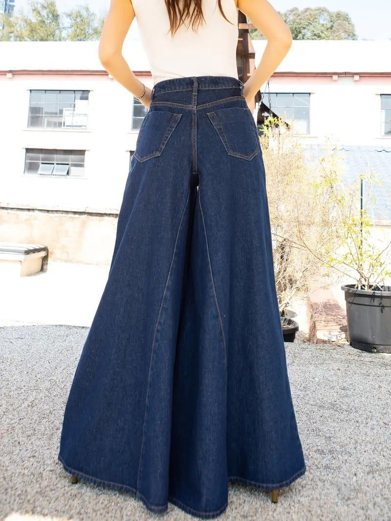 Label Women's Elegant and Simple Wide-Leg Jeans Stretch Jeans Washed Denim 2025 New Jeans