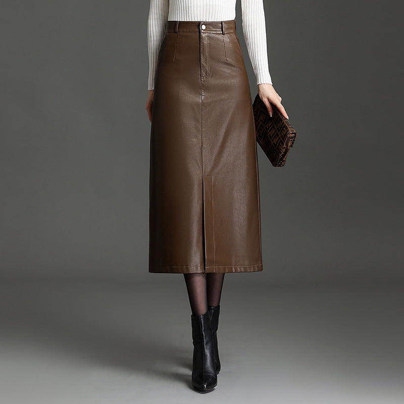 2025 New Slit Leather Skirt, Hip-Hugging Skirt for Women, Autumn and Winter High-Waisted Slimming Midi Skirt, Elegant Pencil Skirt