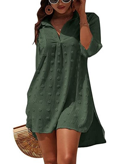 2024 Jacquard Loose Casual Blouse with Irregular Mid-Length Sleeves Women's V-Neck Loose Fit Shirt