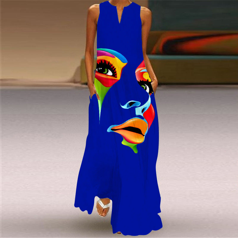 Summer Independent Brand New European and American Retro Print Long Dress V-Neck Multi-Color Long Sexy Sleeveless Dress