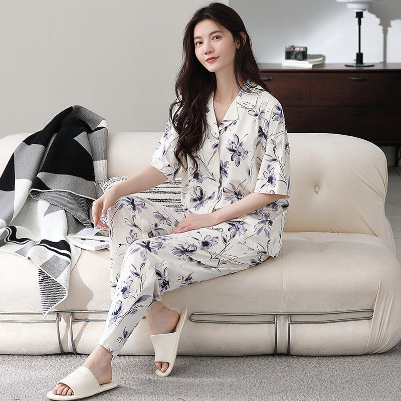 2026 New Women's Summer Pajamas, Cotton Short-Sleeve Long Pants, High-End Cardigan Loungewear Set for Women, Suitable for Wearing Outside