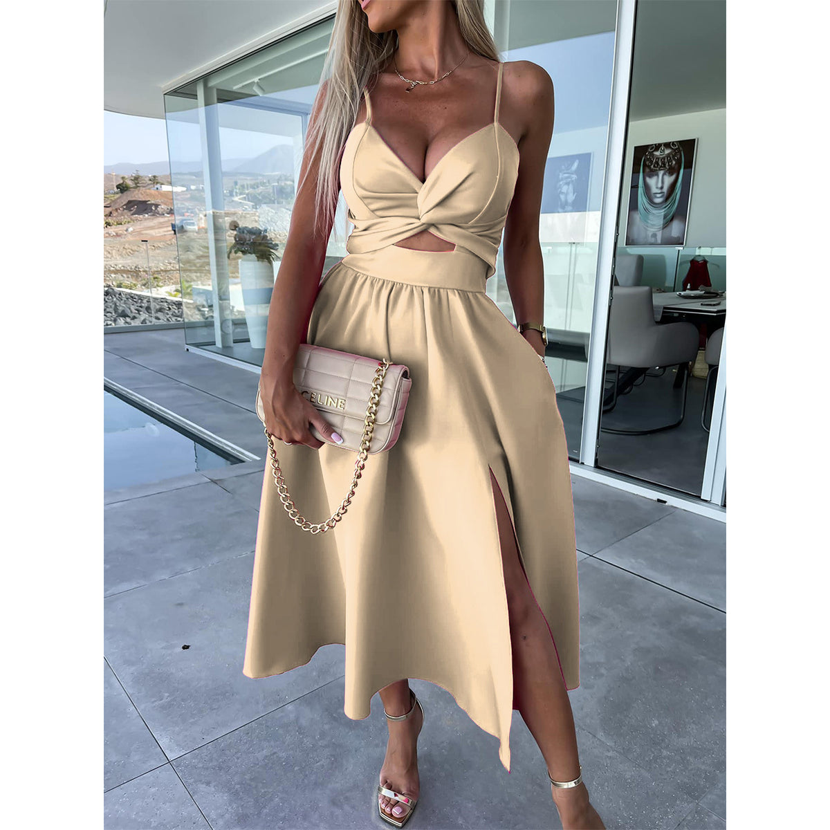 suspenders V-neck large pendulum dress slim-fit backless mid-length dress